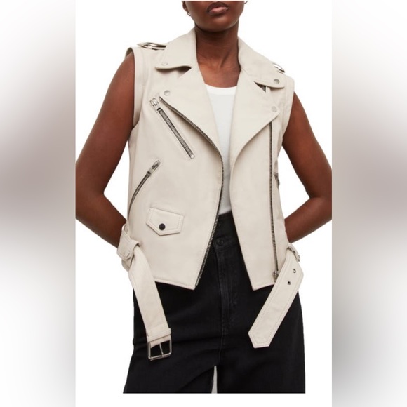 All Saints Ivory Morgan Leather Biker Jacket converts into Vest - Picture 5 of 8